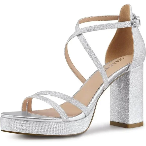 Women's Pink-Glitter Sandal Stylish Comfortable Chunky Blocked Strappy Heel Shoe - Picture 1 of 5